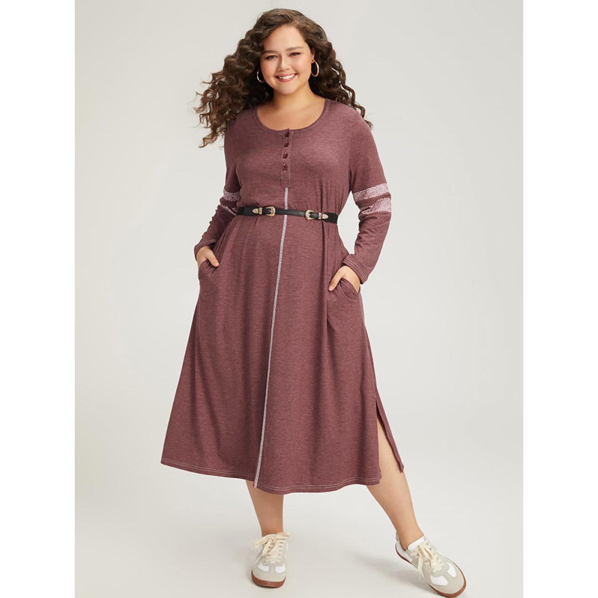 Plus Size Supersoft Essentials Leopard Print Patchwork Stitch Pocket Button Up Split Hem Dress Burgundy Women Casual Patchwork Round Neck Long Sleeve Curvy Midi Dress BloomChic 10/M Product Image
