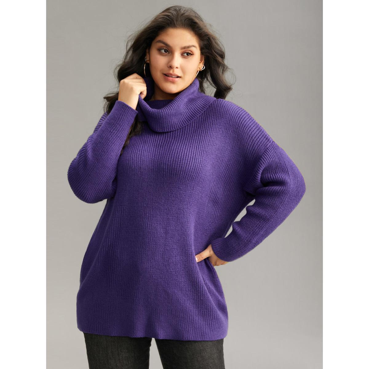 Plus Size Plain Turtleneck Texture Elastic Cuffs Pullover BlueViolet Women Casual Loose Long Sleeve Turtleneck Dailywear Pullovers BloomChic 12/L Product Image