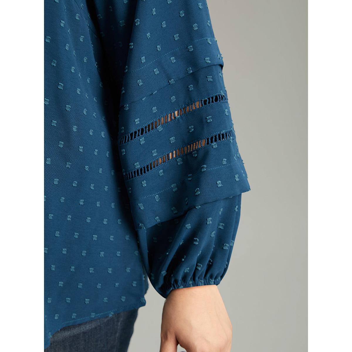 Plus Size Aegean Plain Textured Cut Out Frill Trim Lantern Sleeve Blouse Women Office Long Sleeve V-neck Work Blouses BloomChic 22-24/3X Product Image