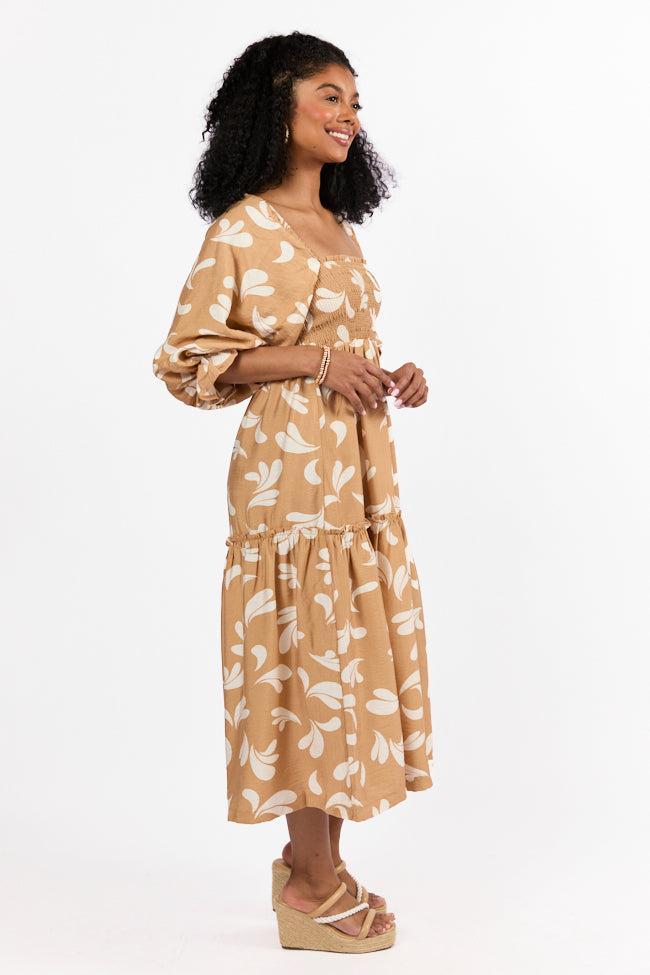 Swing Of Things Neutral Printed Smocked Midi Dress SALE Product Image