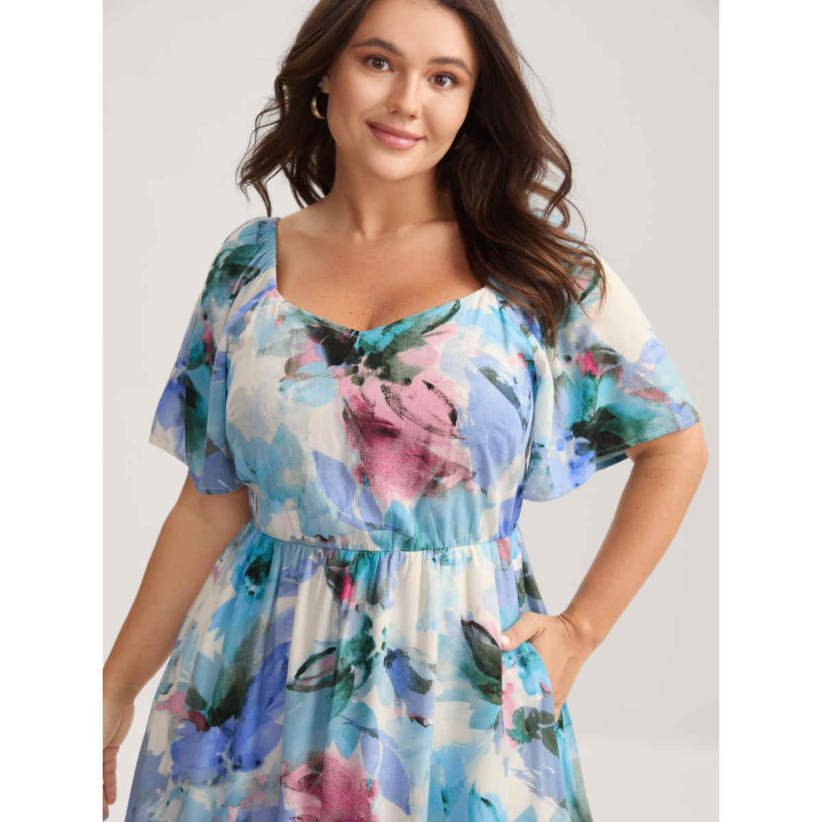 Plus Size Floral Print Sweetheart Neck Pockets Midi Dress Multicolor Women V-neck Short sleeve Curvy BloomChic 22-24/3X Product Image