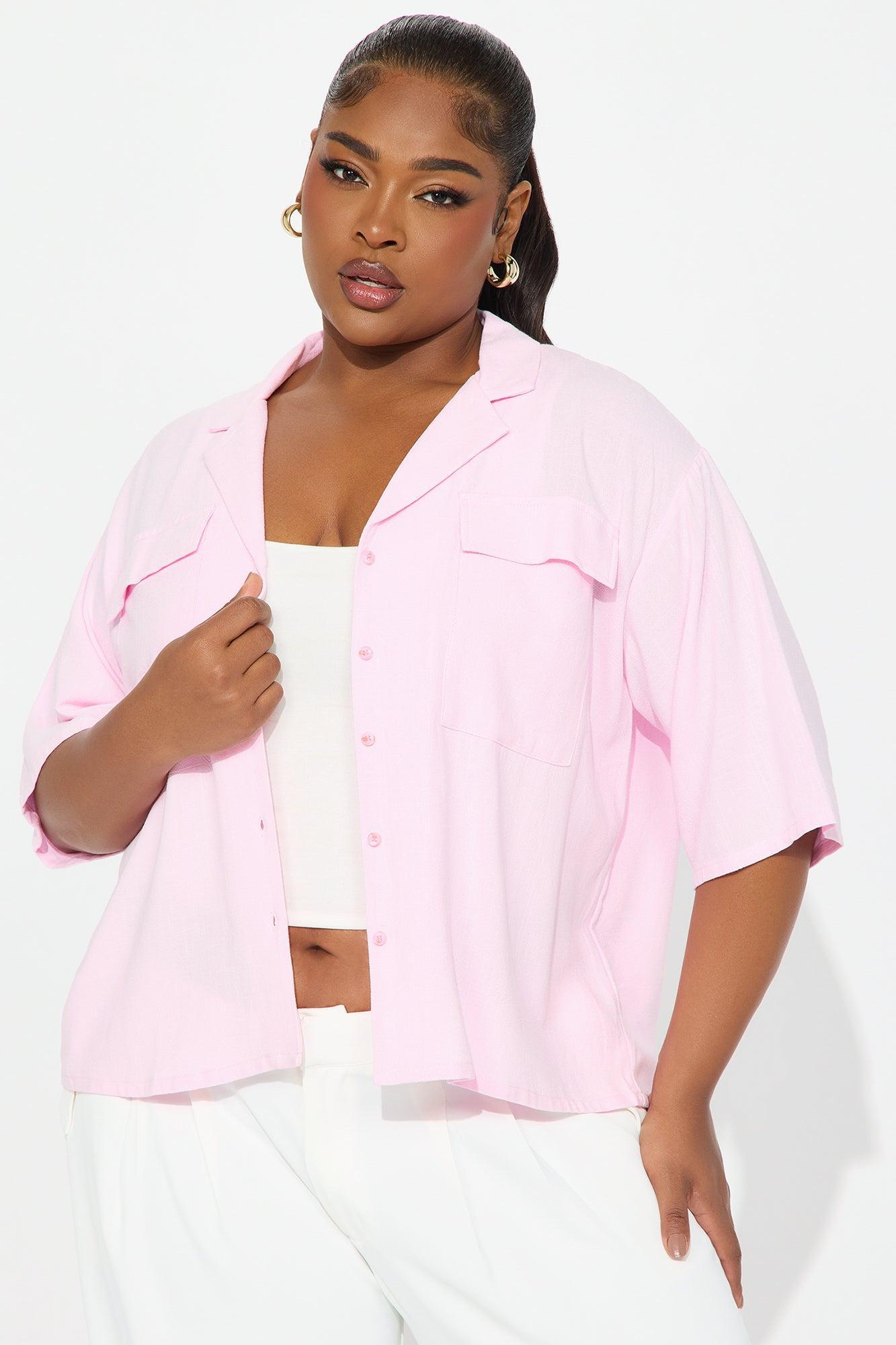 Sand In My Hair Linen Button Up Shirt - Pink Female Product Image