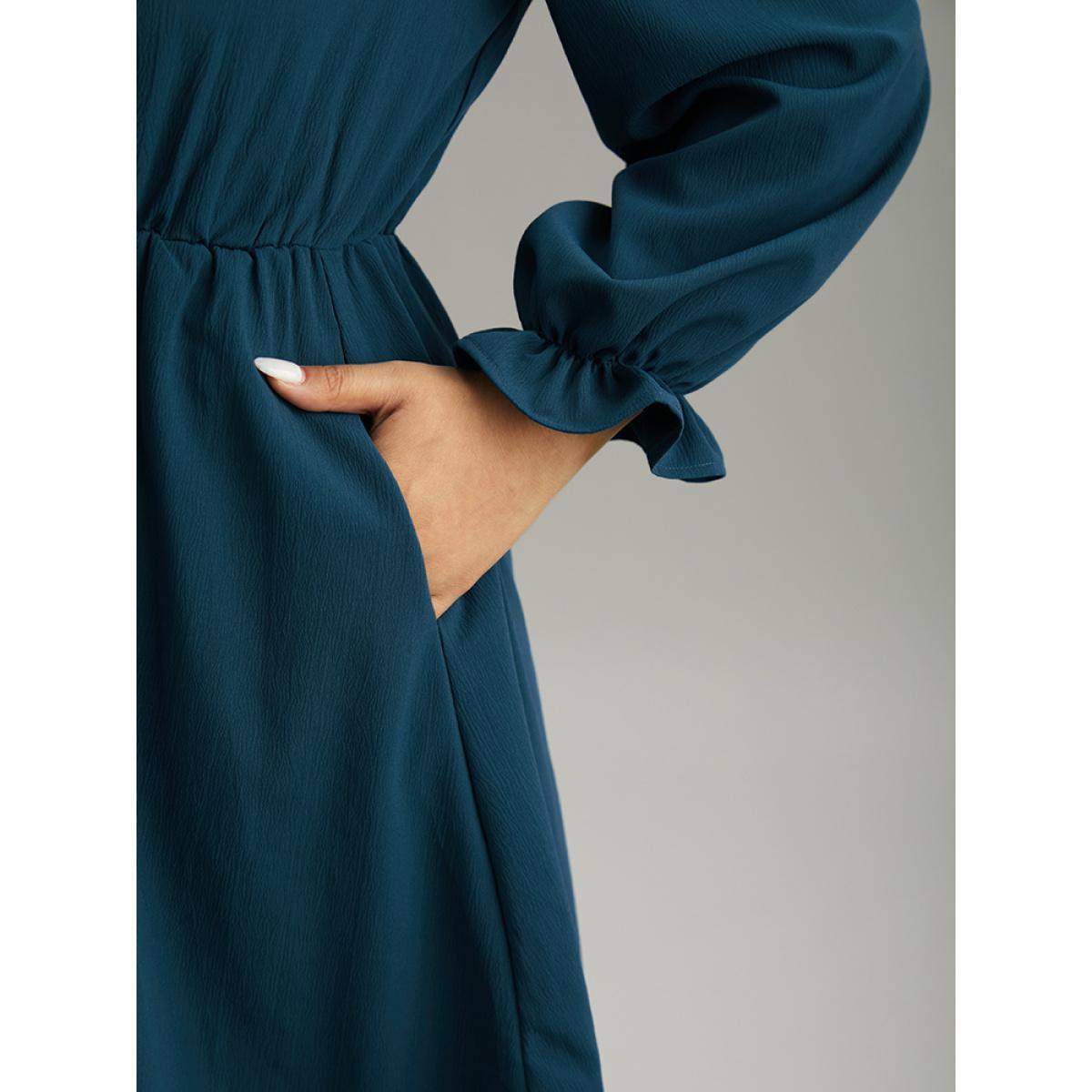 Plus Size Solid Frill Trim Guipure Lace Flutter Sleeve Dress Aegean Women At the Office Plain Notched collar Long Sleeve Curvy Midi Dress BloomChic 22-24/3X Product Image
