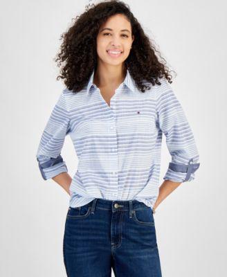 Tommy Hilfiger Womens Beach Stripe Cotton Roll-Tab Shirt Product Image