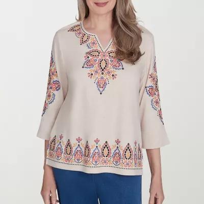 Alfred Dunner Harvest Moon Womens Split Crew Neck 3/4 Sleeve T-Shirt Product Image