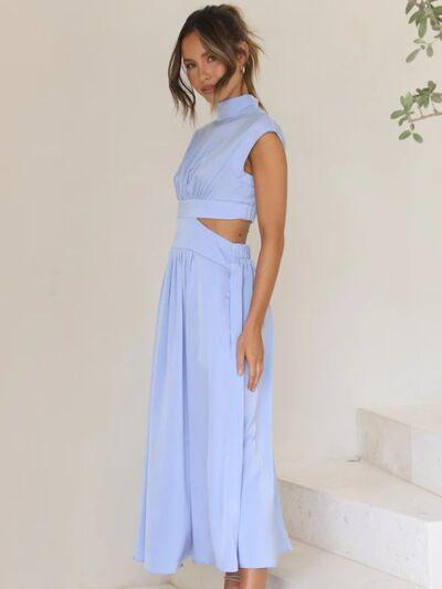 Cutout Mock Neck Sleeveless Ruched Dress Product Image