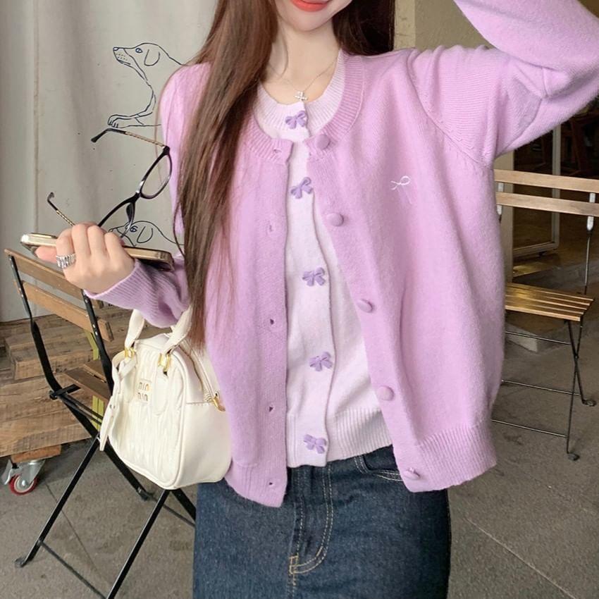Round Neck Two Tone Bow Embroidered Mock Two-Piece Cardigan Product Image