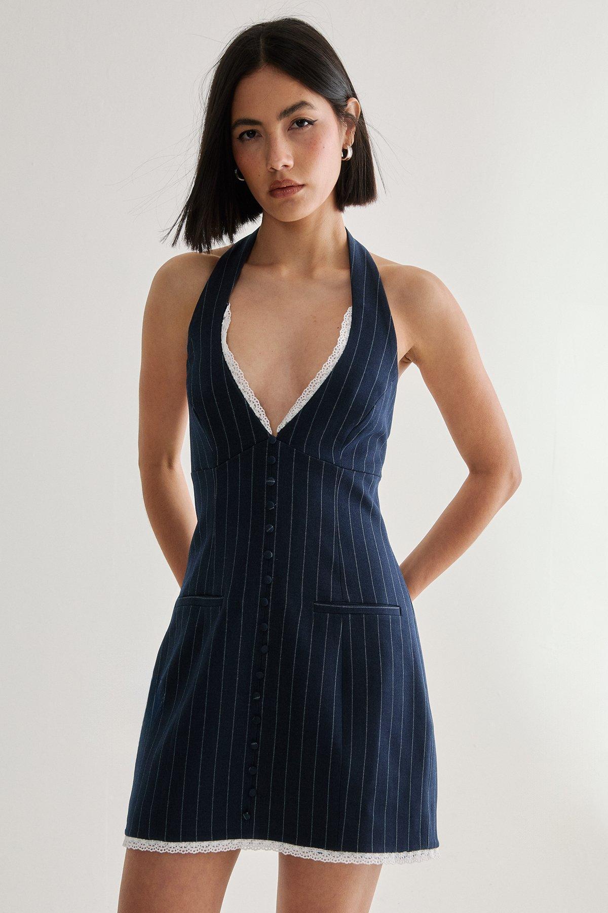 Pinstripe Lace Trim Tailored Waistcoat Dress Product Image