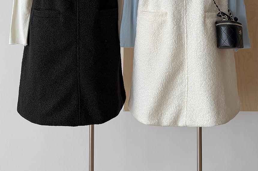 Set: Long-Sleeve Mock Neck Plain T-Shirt + Plain Mini Pinafore Dress Product Image