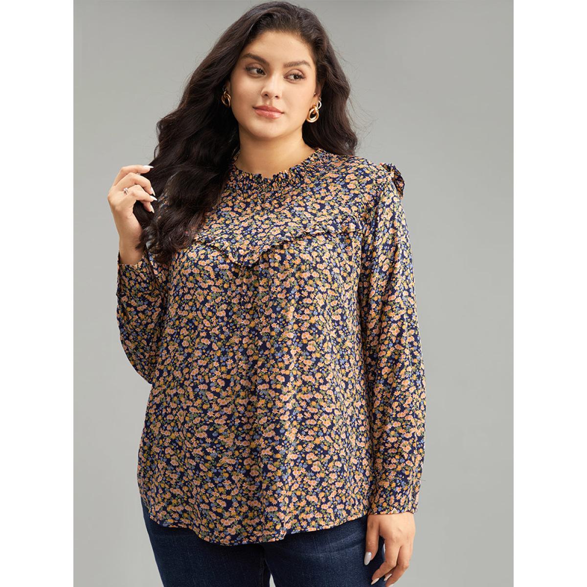 Plus Size Multicolor Ditsy Floral Shirred Ruffle Trim Blouse Women Elegant Long Sleeve Halter neck Dailywear Blouses BloomChic 30/6X Product Image