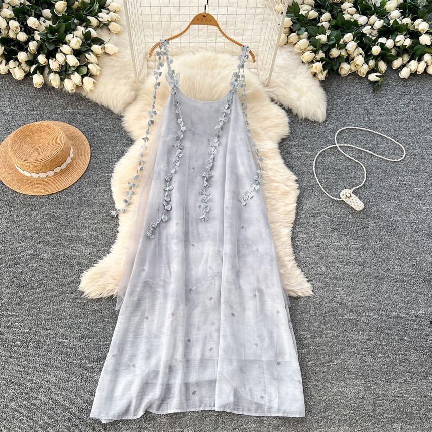 Spaghetti Strap Scoop Neck Fringed Open Back Maxi Tunic Dress Product Image