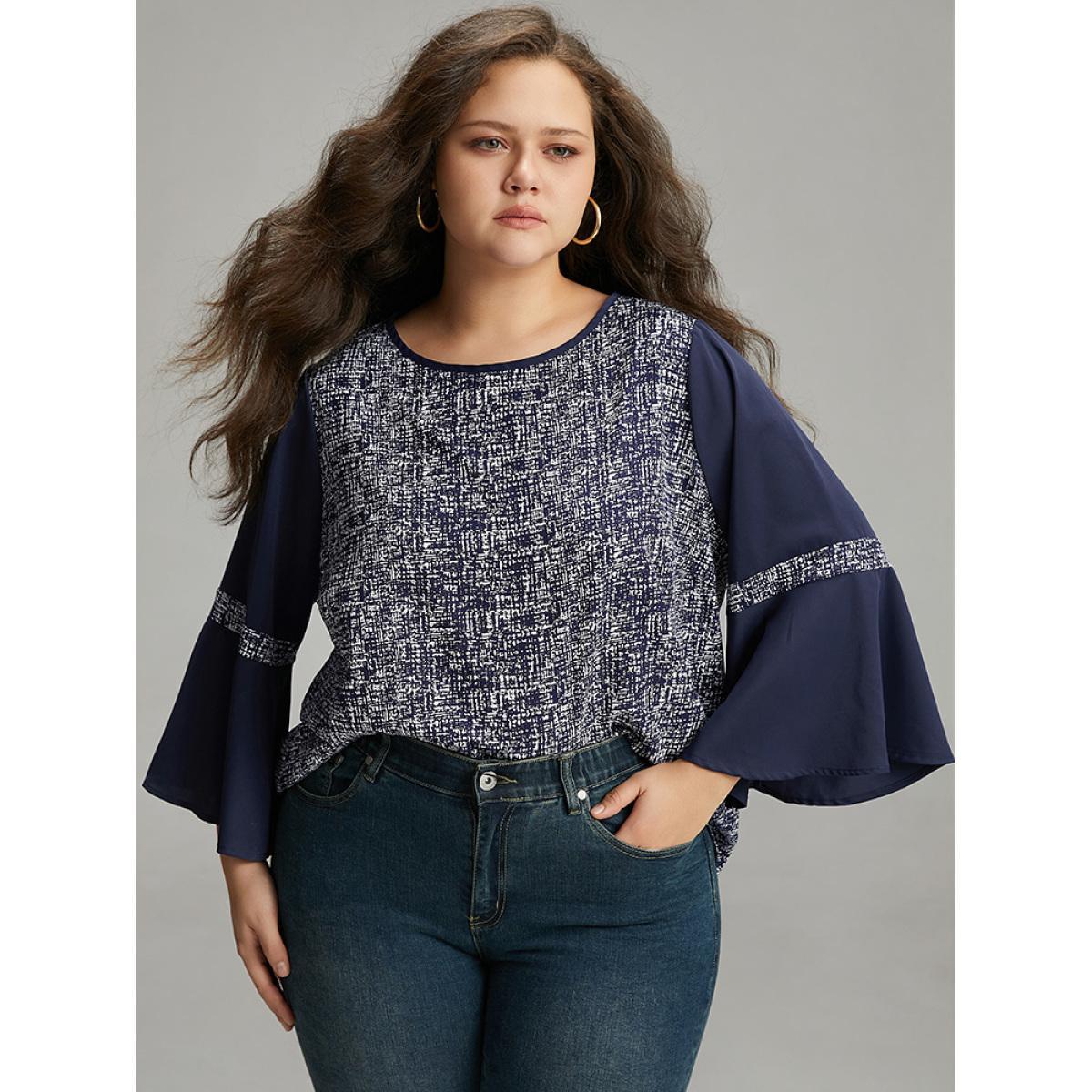 Plus Size DarkBlue Patchwork Crew Neck Ruffle Sleeve Blouse Women Vacation Long Sleeve Round Neck Dailywear Blouses BloomChic 12/L Product Image