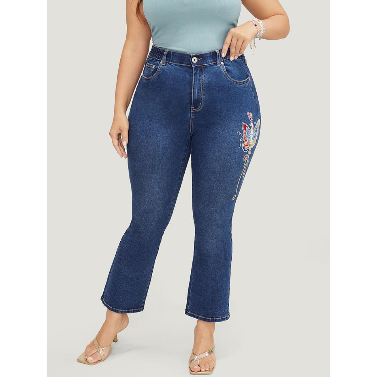 Plus Size Butterfly Embroidered Moderately Stretchy High Rise Dark Wash Bootcut Jeans Women Blue Elegant Plain Embroidered Medium stretch Pocket Jeans BloomChic 20/2X Product Image