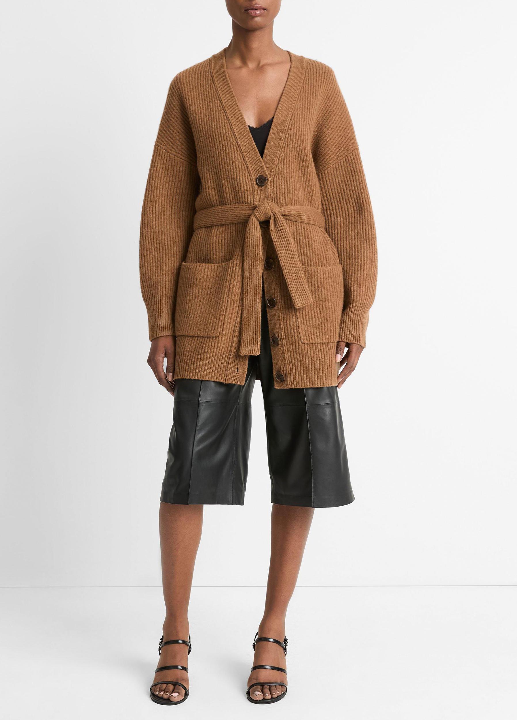 Faux-Leather-Trim Ribbed Wool-Cashmere Cardigan Product Image