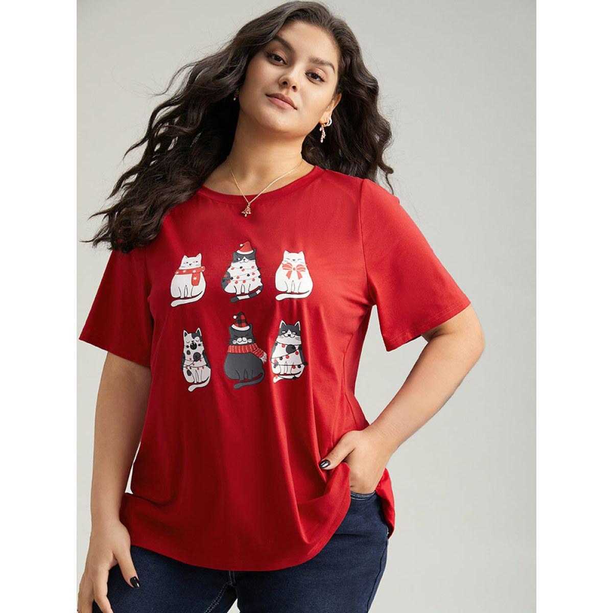 Plus Size Christmas Cat Print Round Neck T-shirt Red Women Casual Printed Christmas Festival-Christmas T-shirts BloomChic 28/5X Product Image
