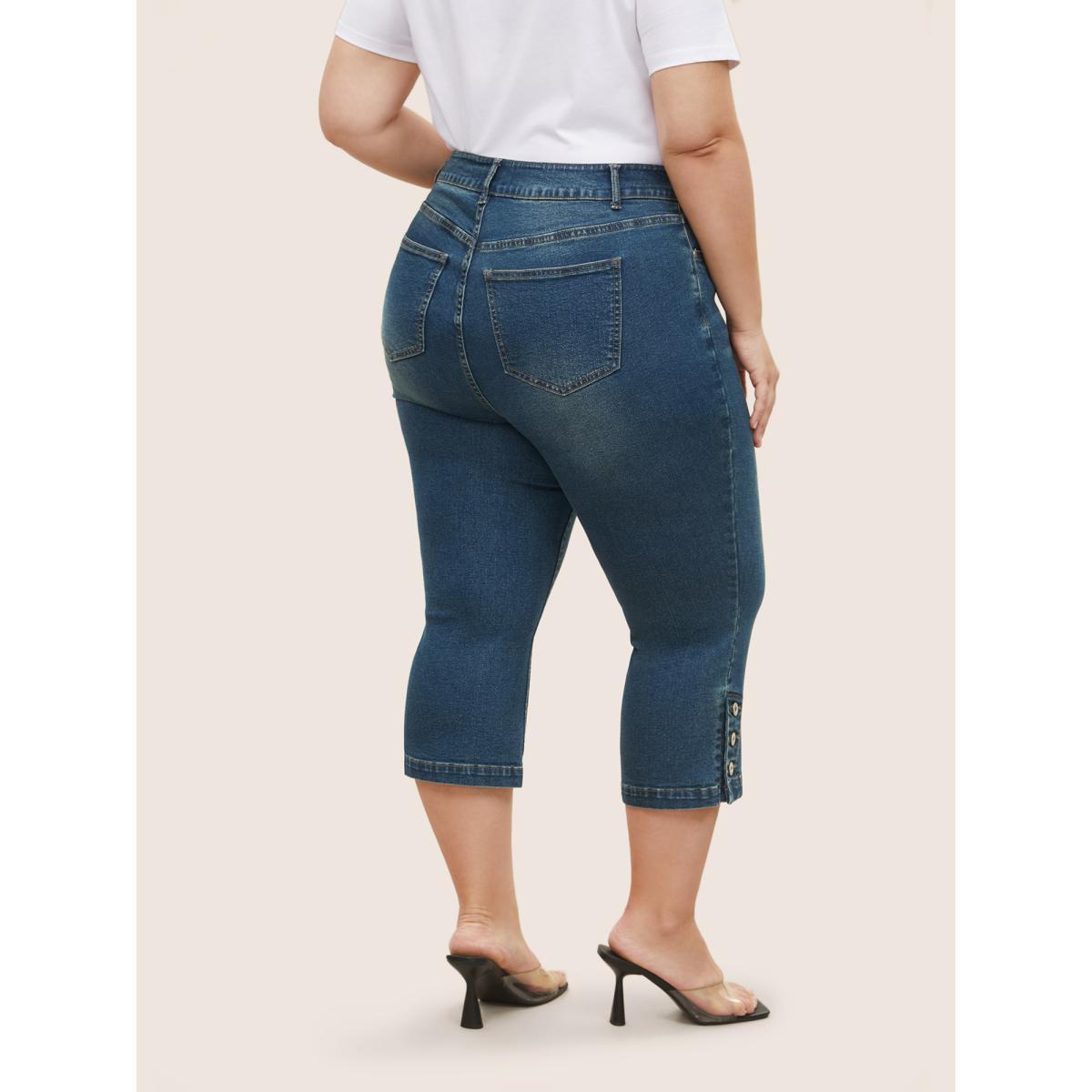 Plus Size Dark Wash Slit Hem Pull On Jegging Jeans Women Indigo Elegant Plain Non High stretch Slanted pocket Jeans BloomChic 20/2X Product Image