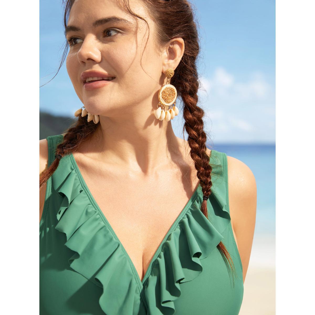 Plus Size Solid Ruffle Surplice Neck Trim Swim Top Women's Swimwear Palemauve Beach Ruffles High stretch Skinny Overlap Collar Curve Swim Tops BloomChic 10/M Product Image