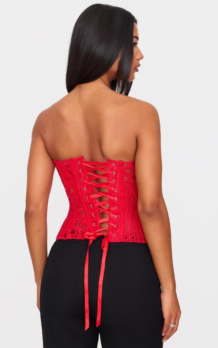 Red Textured Sheer Floral Lace Corset Product Image