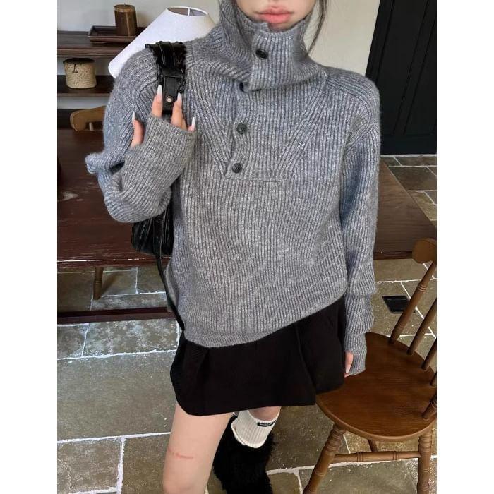 Long Sleeve Mock Neck Plain Button Detail Loose-Fit Sweater Product Image