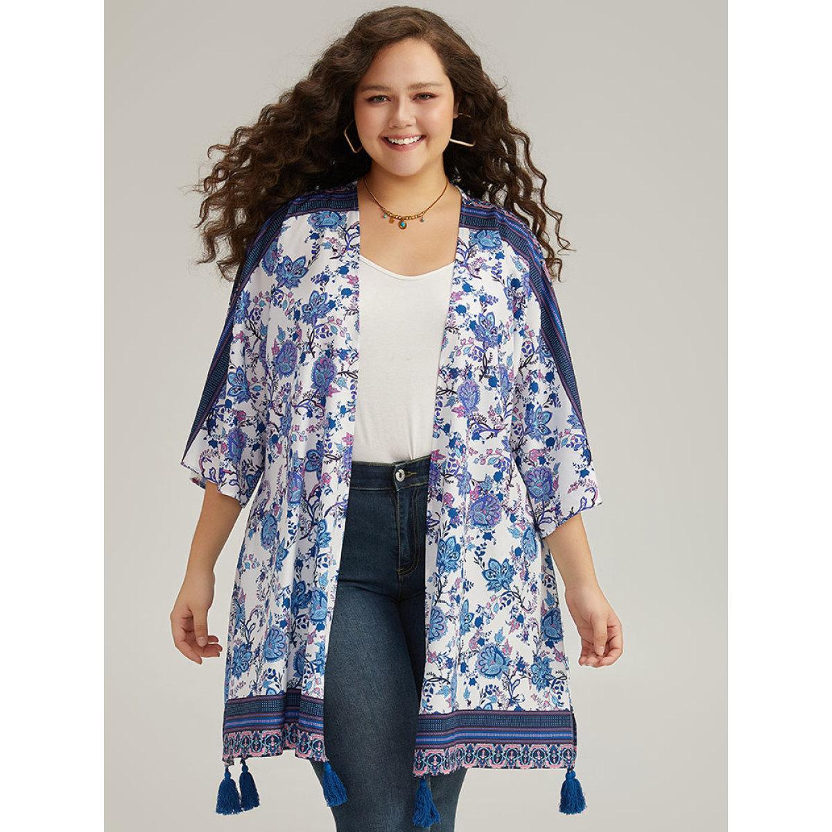 Plus Size Floral Print Tassels Trim Split Side Kimono Women Cerulean Casual Drape Pocket Dailywear Kimonos BloomChic 22-24/3X Product Image
