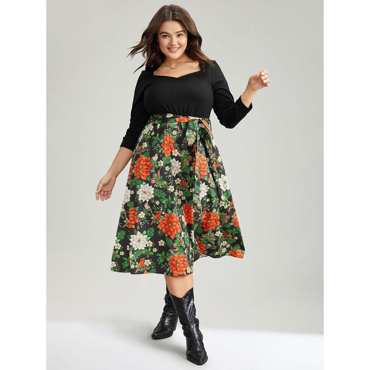 Plus Size Square Neck Floral Print Belted Contrast Dress Black Women Office Belted Square Neck Long Sleeve Curvy Midi Dress BloomChic 28/5X Product Image