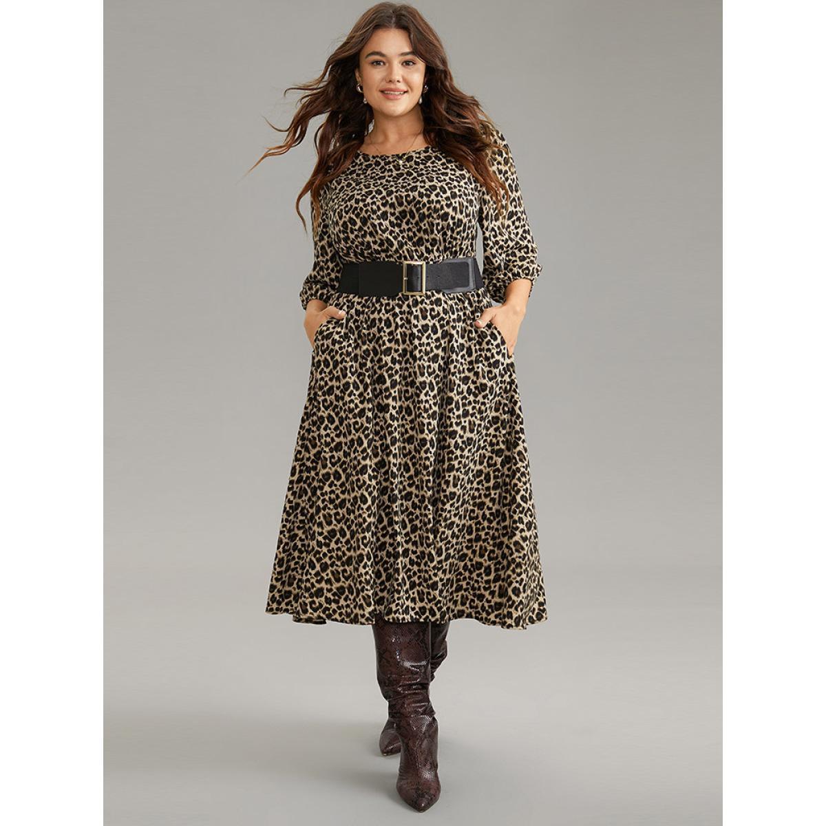 Plus Size Leopard Elastic Waist Belted Round Neck Dress LightBrown Women Office Elastic cuffs Round Neck Elbow-length sleeve Curvy Midi Dress BloomChic 18-20/2X Product Image