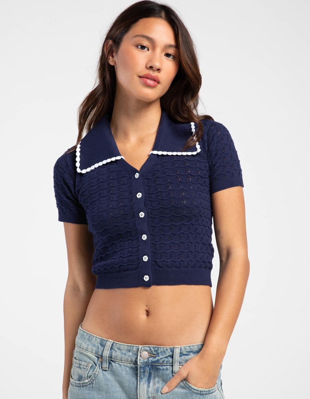 RSQ Womens Pointelle Collared Button Up Shirt - NAVY Product Image