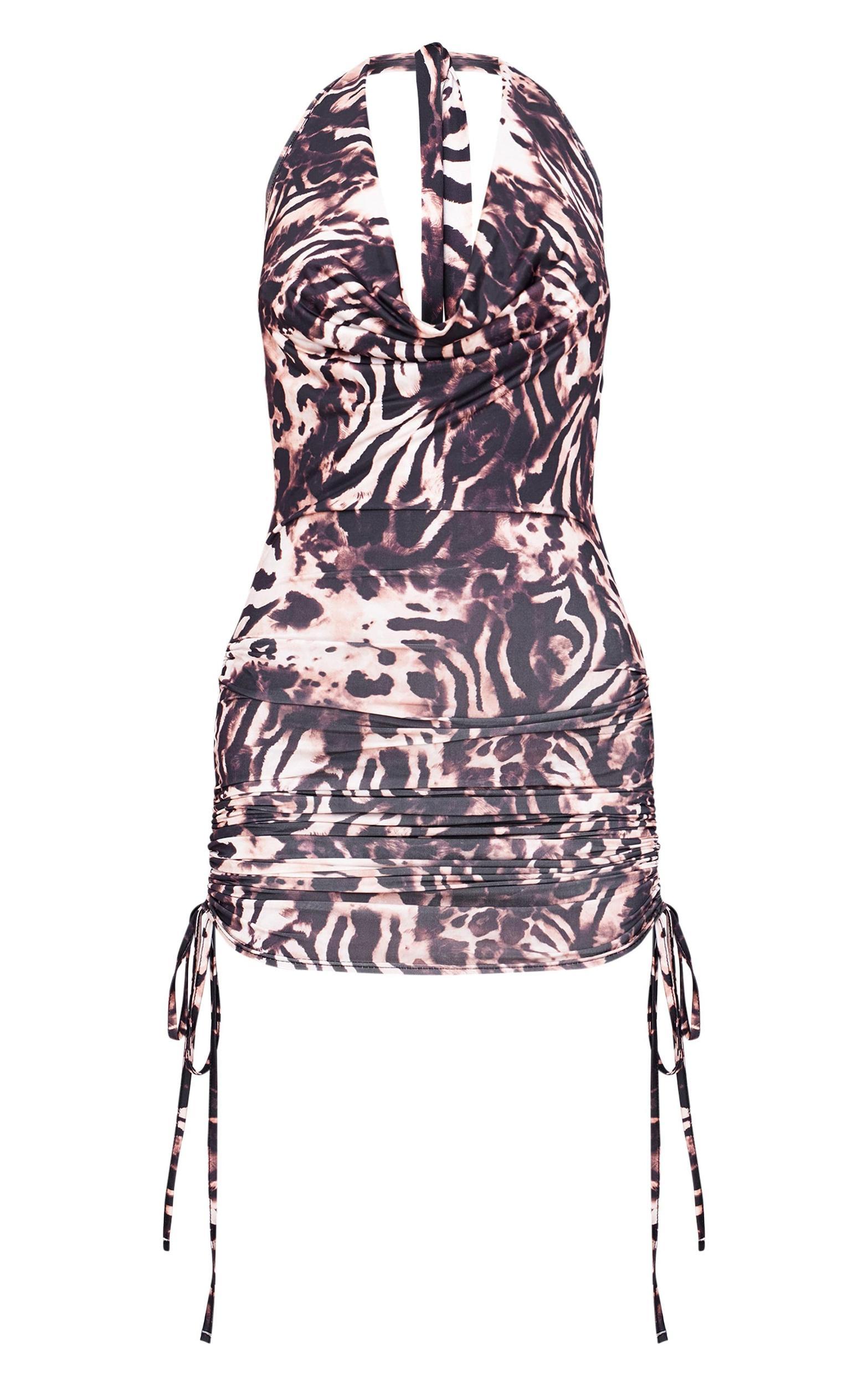 Brown Printed Slinky Cowl Neck Ruched Side Mini Dress Product Image