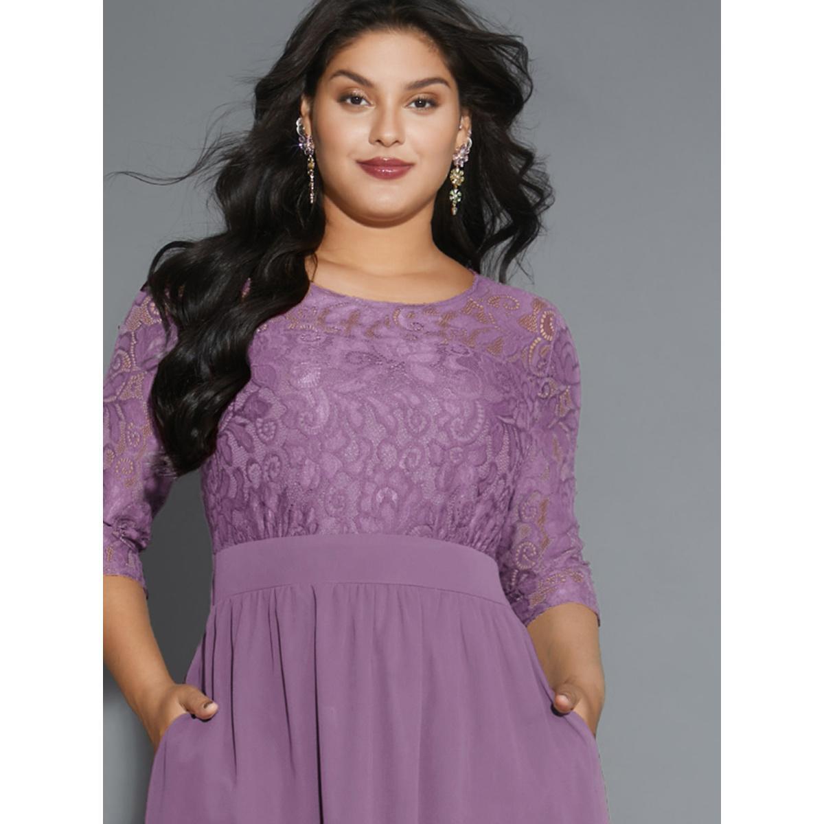 Plus Size Lace Patchwork Shirred Midi Pocket Dress Lavender Women Cocktail Woven ribbon&lace trim Round Neck Elbow-length sleeve Curvy BloomChic 26/4X Product Image