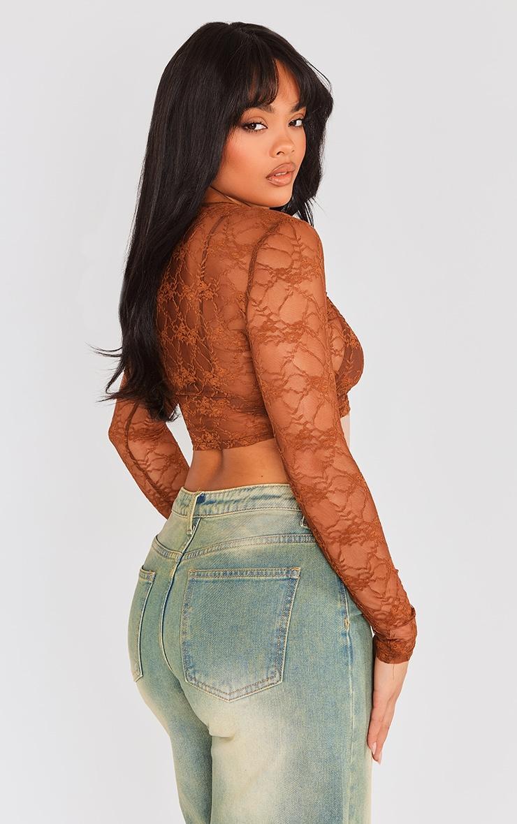 Brown Lace Cut Out Long Sleeve Top Product Image