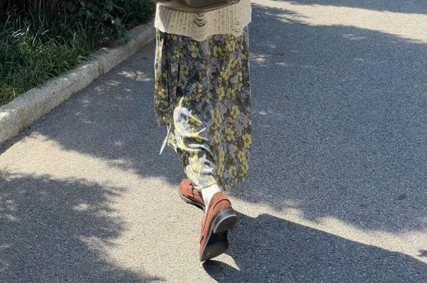 Long-Sleeve Crew Neck Distressed Blouse / Spaghetti Strap Floral Print Midi A-Line Dress Product Image