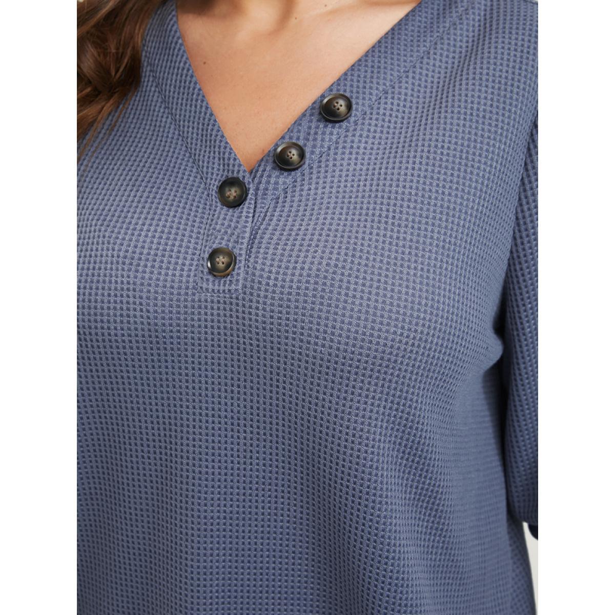 Plus Size Solid Lantern Sleeve Button V Neck Waffle Knit Long Tee Stone Women Casual Button Plain V-neck Dailywear T-shirts BloomChic 14-16/1X Product Image