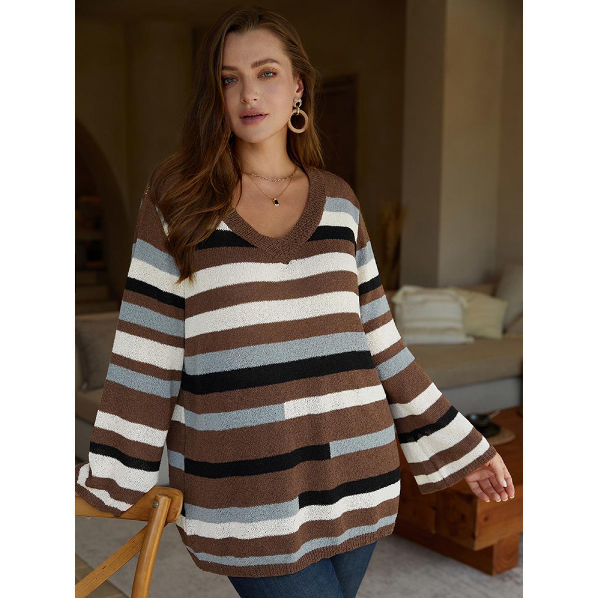 Plus Size Striped Colorblock Contrast V Neck Pullover Multicolor Women Casual Long Sleeve V-neck Dailywear Pullovers BloomChic 10/M Product Image