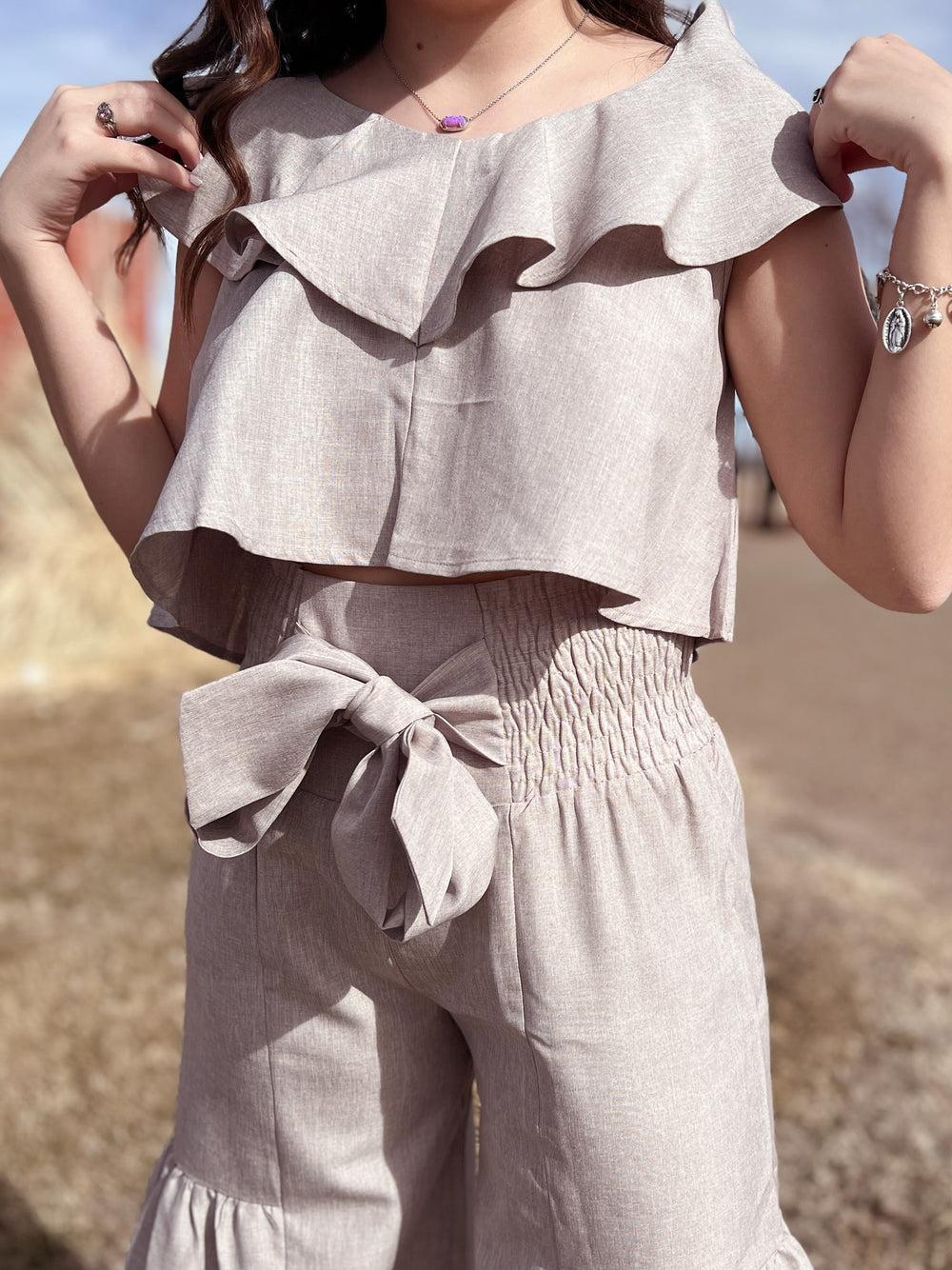 Oatmeal Smocking Waist Tier Wide Leg Pants Product Image