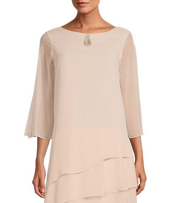 Marina Split 3/4 Sleeve Round Beaded Keyhole Neck Asymmetrical Tiered Chiffon Trapeze Dress Product Image