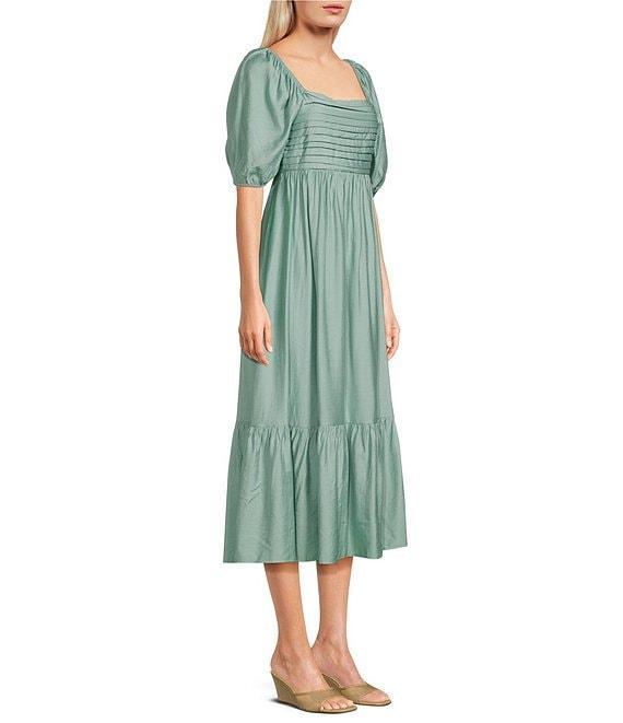 Blu Pepper Square Neck Short Puff Sleeve Pleated Midi Dress Product Image