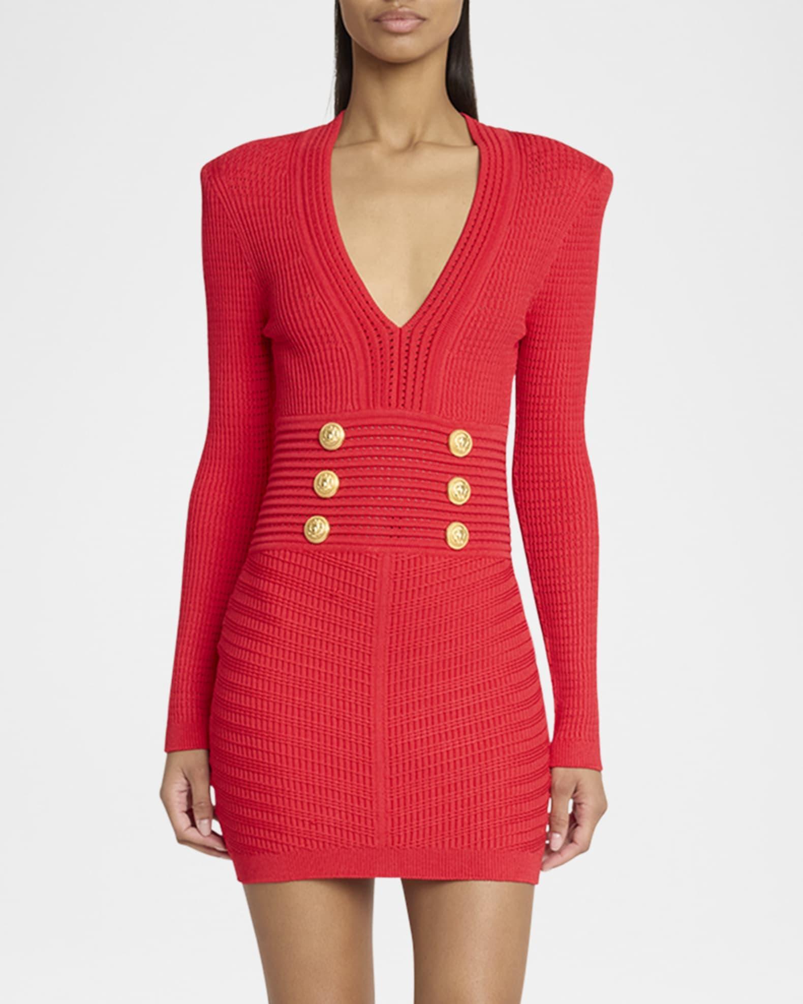 Buttoned Long-Sleeve Pointelle Knit Mini Dress Product Image