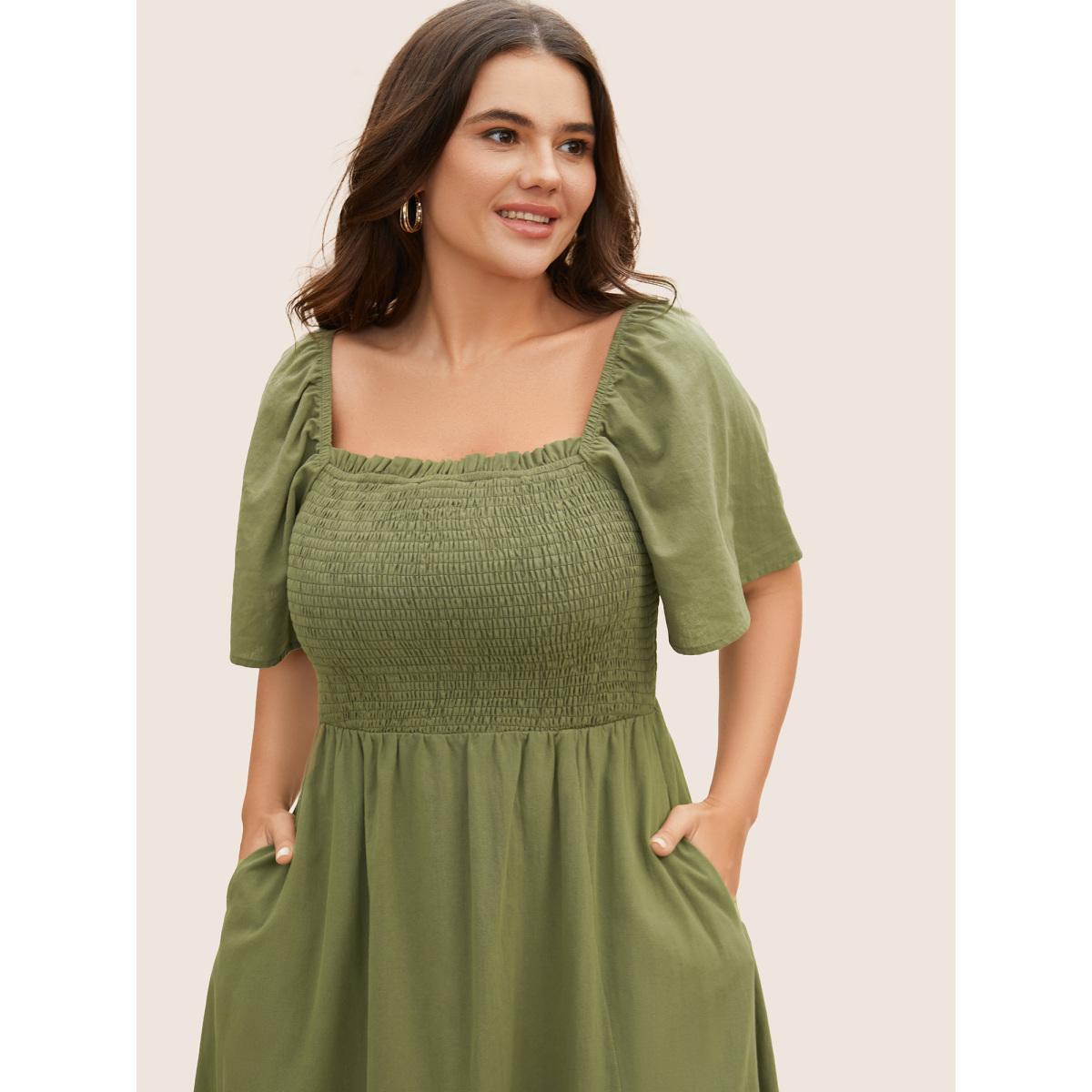 Plus Size Cotton Square Neck Shirred Ruffle Sleeve Split Hem Dress ArmyGreen Women Casual Gathered Square Neck Short sleeve Curvy BloomChic 28/5X Product Image