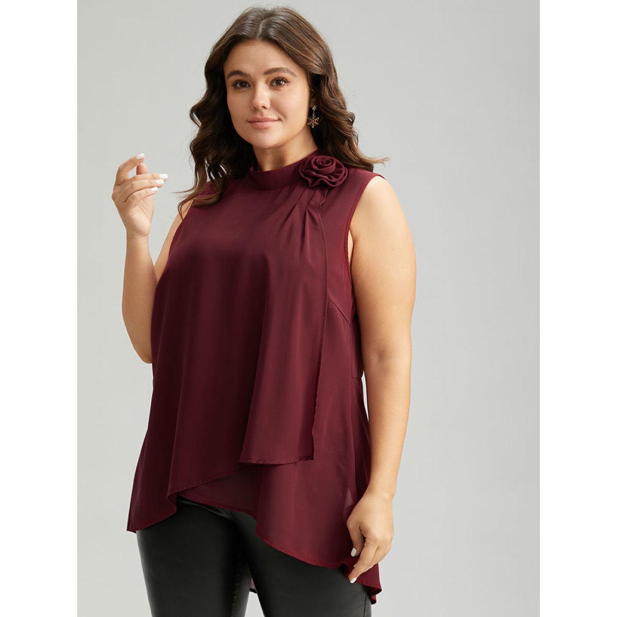 Plus Size Rose Detail Layered High Low Hem Chiffon Tank Top Women Burgundy Casual Plain Mock Neck Festival-Christmas Tank Tops Camis BloomChic 18-20/2X Product Image