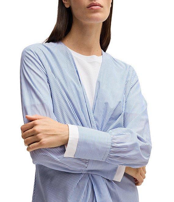 BOSS By Hugo Boss Woven Stripe Print V-Neck Twist Front Long Sleeve Shirt Product Image