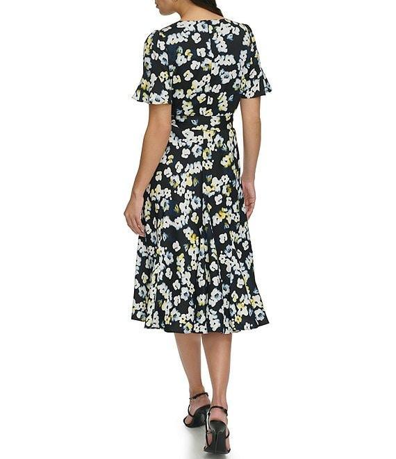 DKNY by Donna Karan Floral Crepe Satin Crew Neck Short Flutter Sleeve Tie Waist Midi Dress Product Image