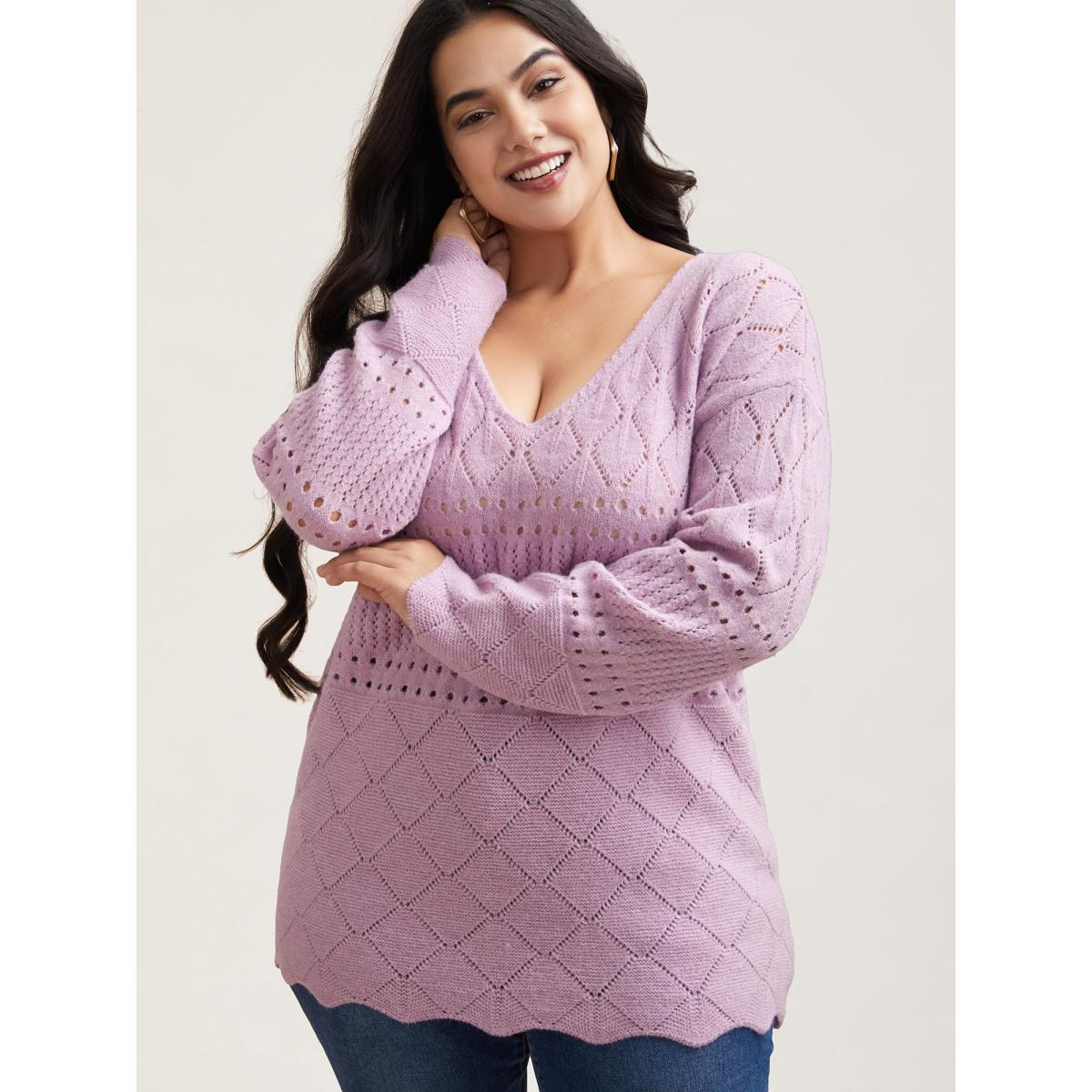 Plus Size Cut-Out Textured V-Neck Pullover Lilac Women Casual Loose Long Sleeve V-neck Everyday Pullovers BloomChic 12/L Product Image