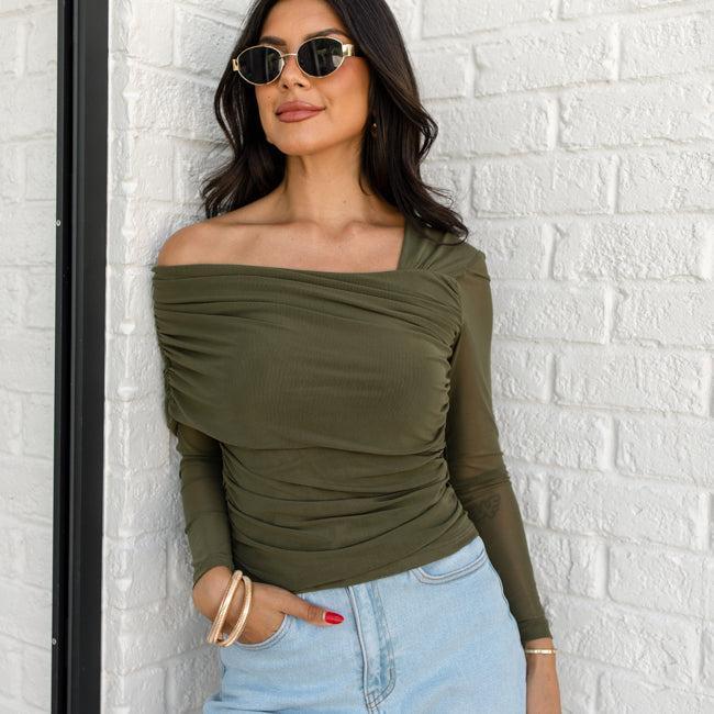 Forever Happy Olive Mesh Sleeve Draped Off The Shoulder Top FINAL SALE Product Image