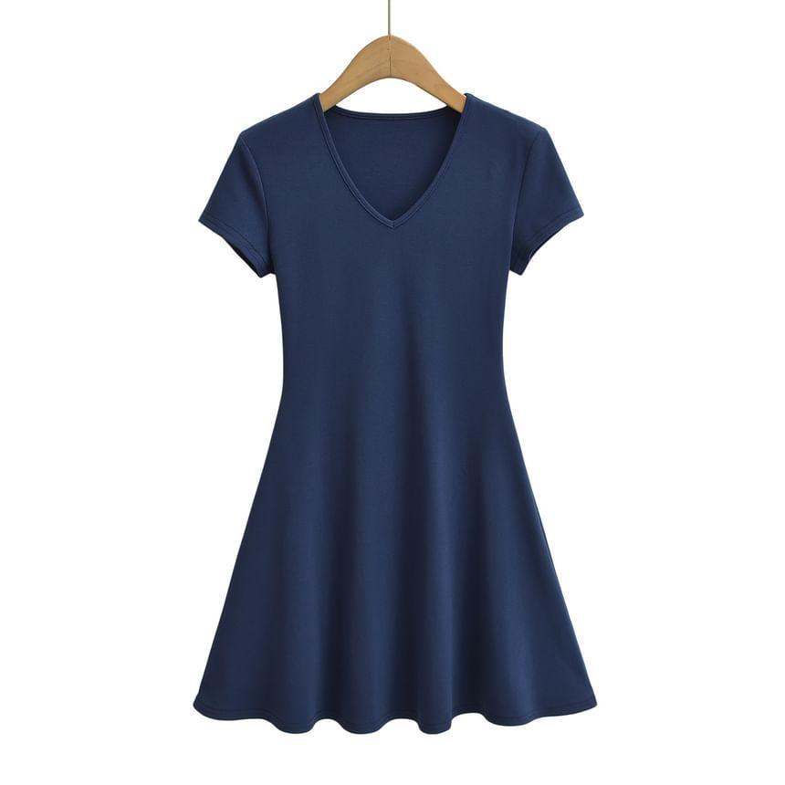 Short Sleeve V-Neck Plain Mini A-Line Dress Product Image