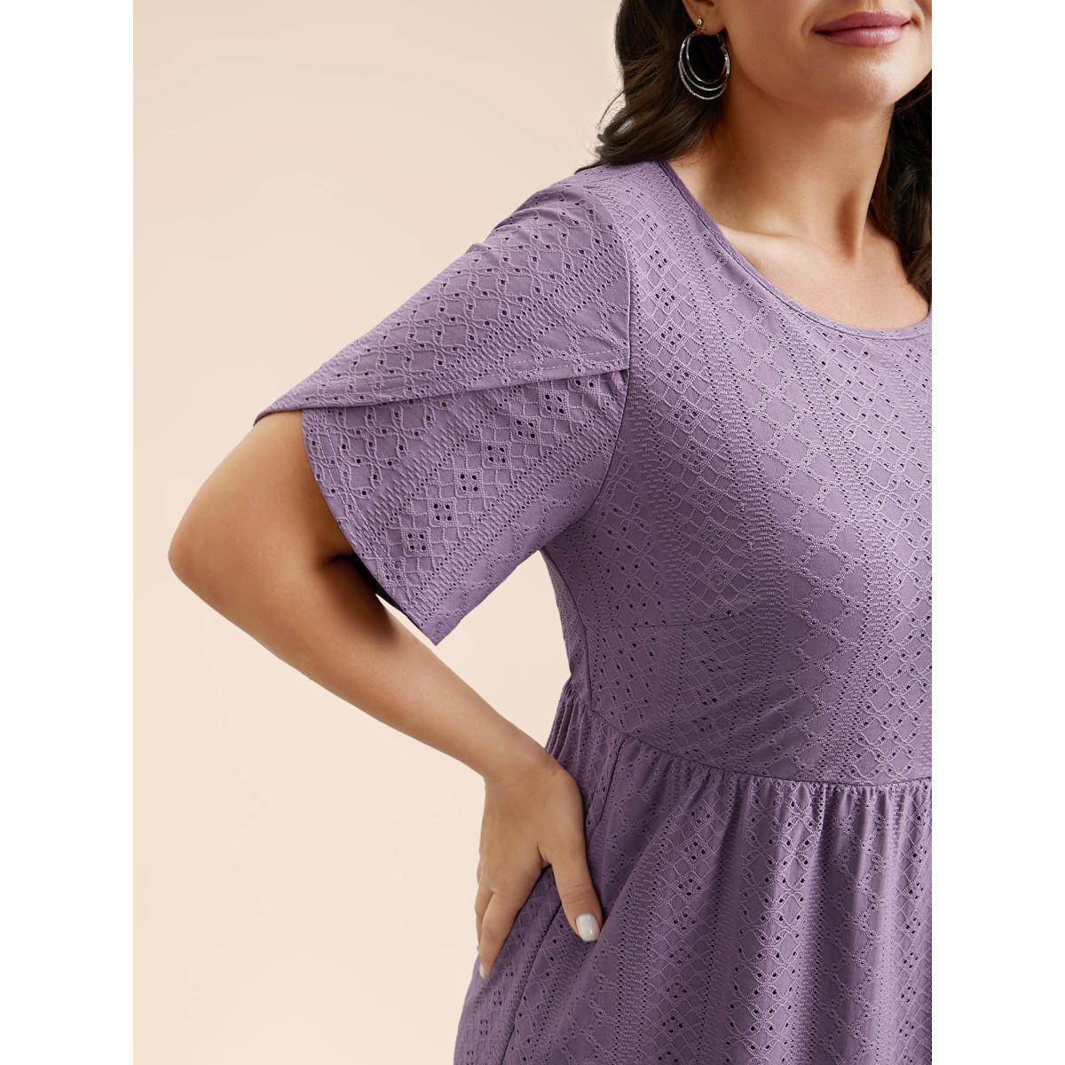 Plus Size Textured Plain Petal Sleeve Pockets Midi Dress Mauve Women Casual Petal edge Round Neck Short sleeve Curvy BloomChic 18-20/2X Product Image