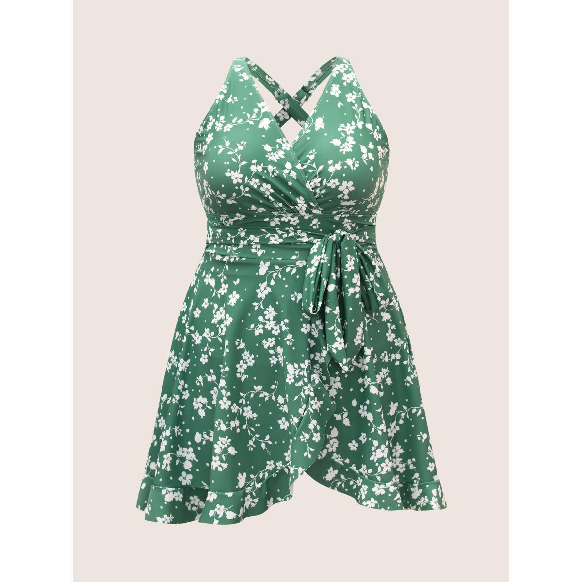 Plus Size Ditsy Floral Overlap Collar Tie Knot Swim Dress Women's Swimwear Palemauve Beach Bodycon Overlap Collar High stretch Curve Swim Dresses BloomChic 18-20/2X Product Image