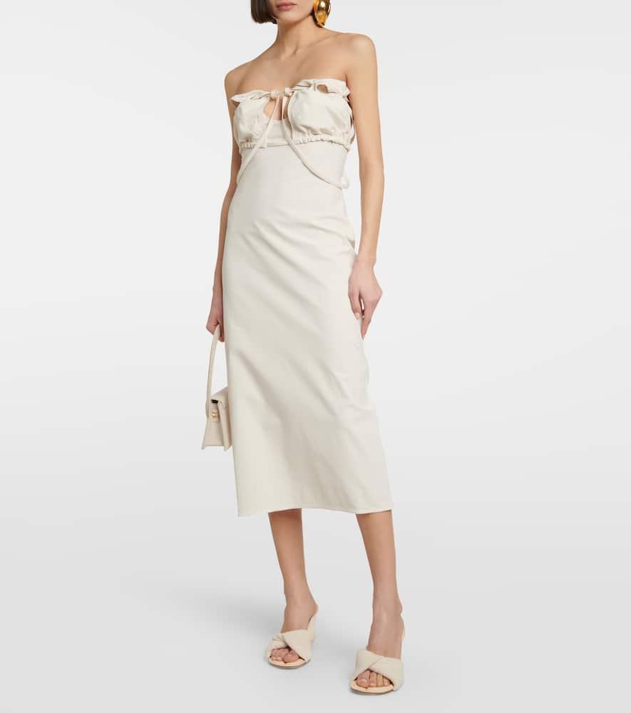 JACQUEMUS Strapless Ruffled Cutout Twill Midi Dress In White Product Image