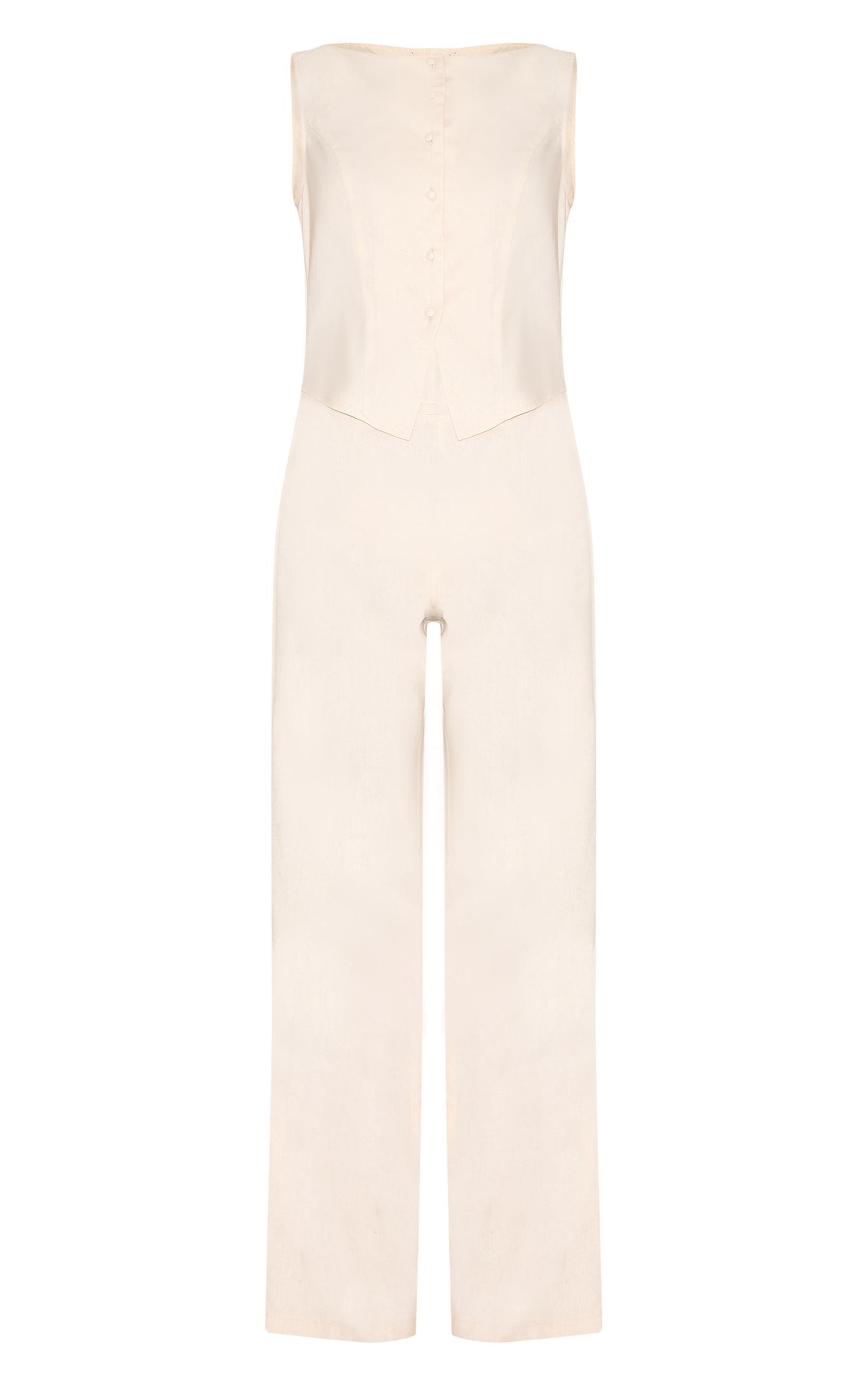 Stone Linen Blend Vest Detail Straight Leg Jumpsuit Product Image