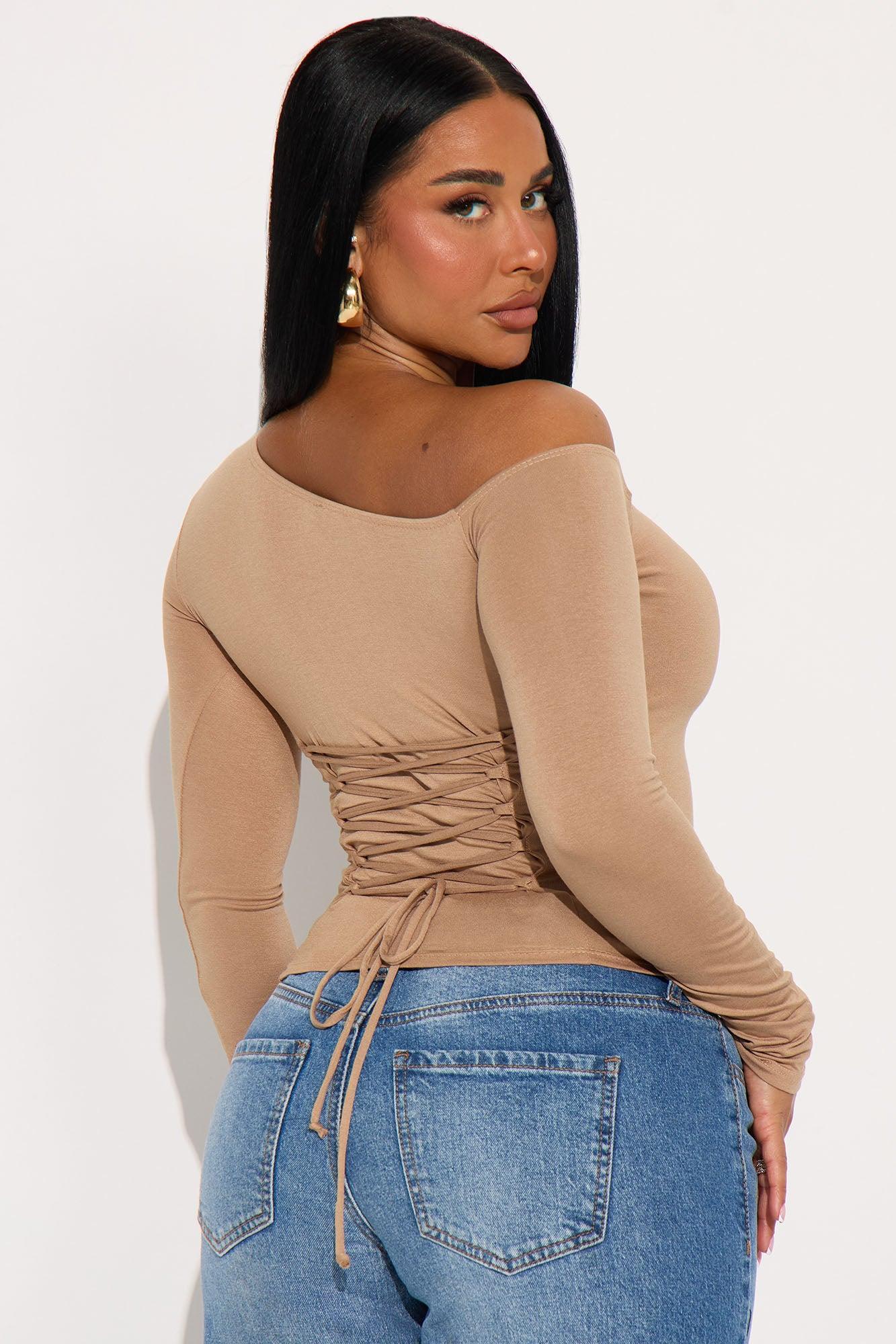 Hold Me Tighter Lace Up Top - Mocha Female Product Image