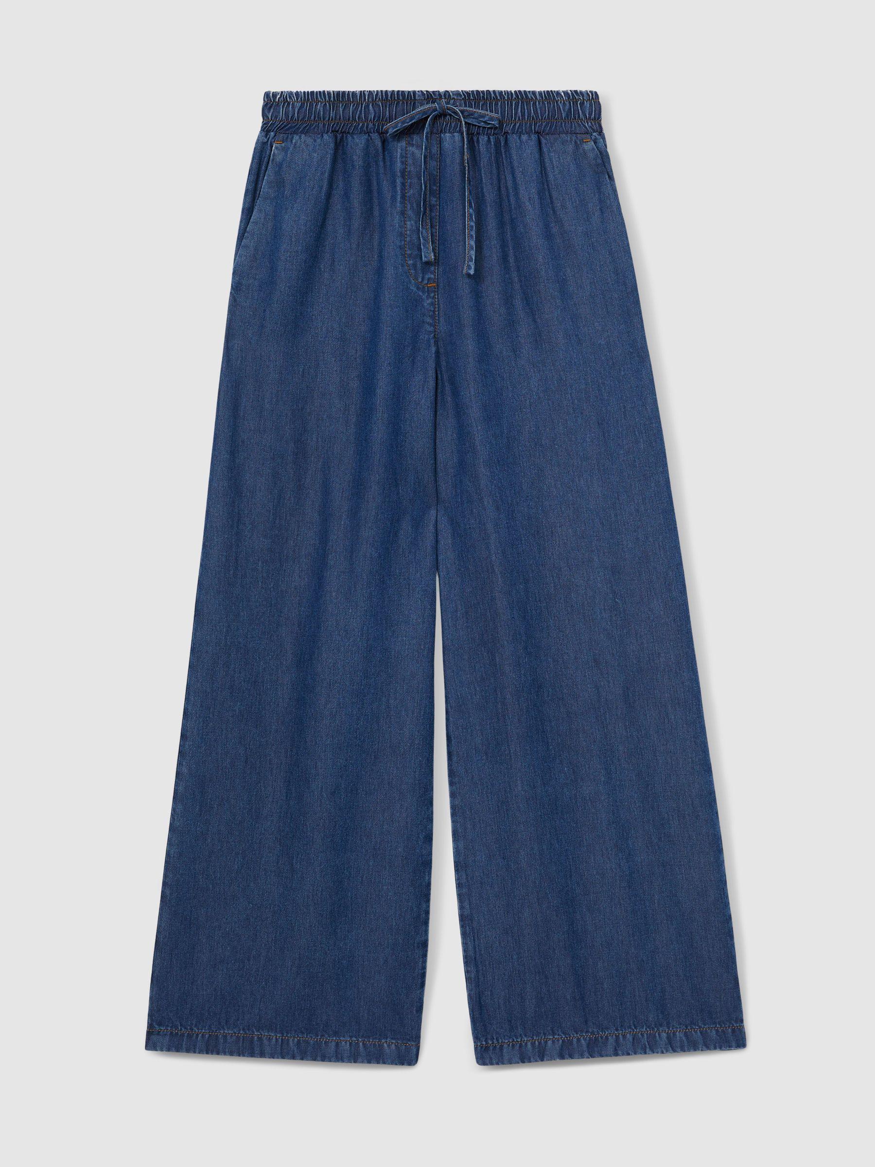 Wide-Leg Chambray Drawstring Trousers in Mid Blue Product Image